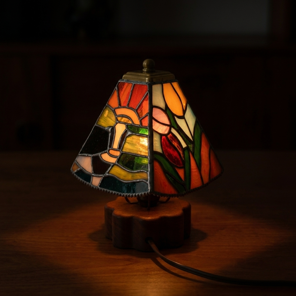 Dutch Cat and Landscape Stained Glass Lamp