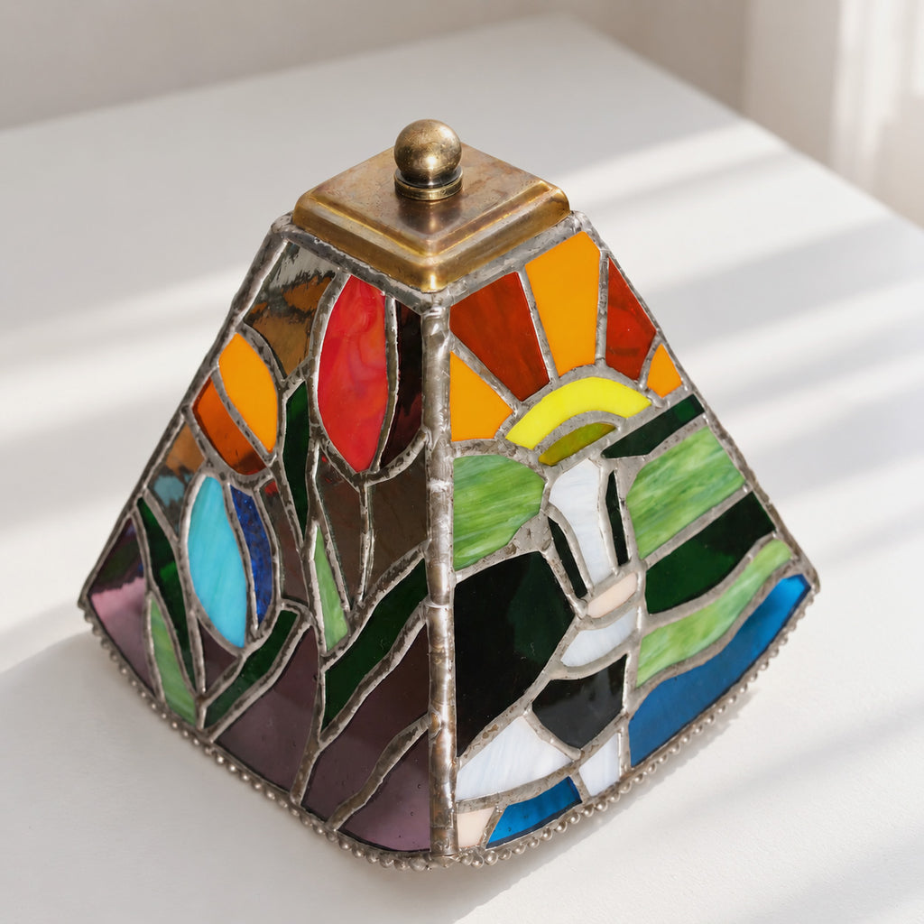 Dutch Cat and Landscape Stained Glass Lamp